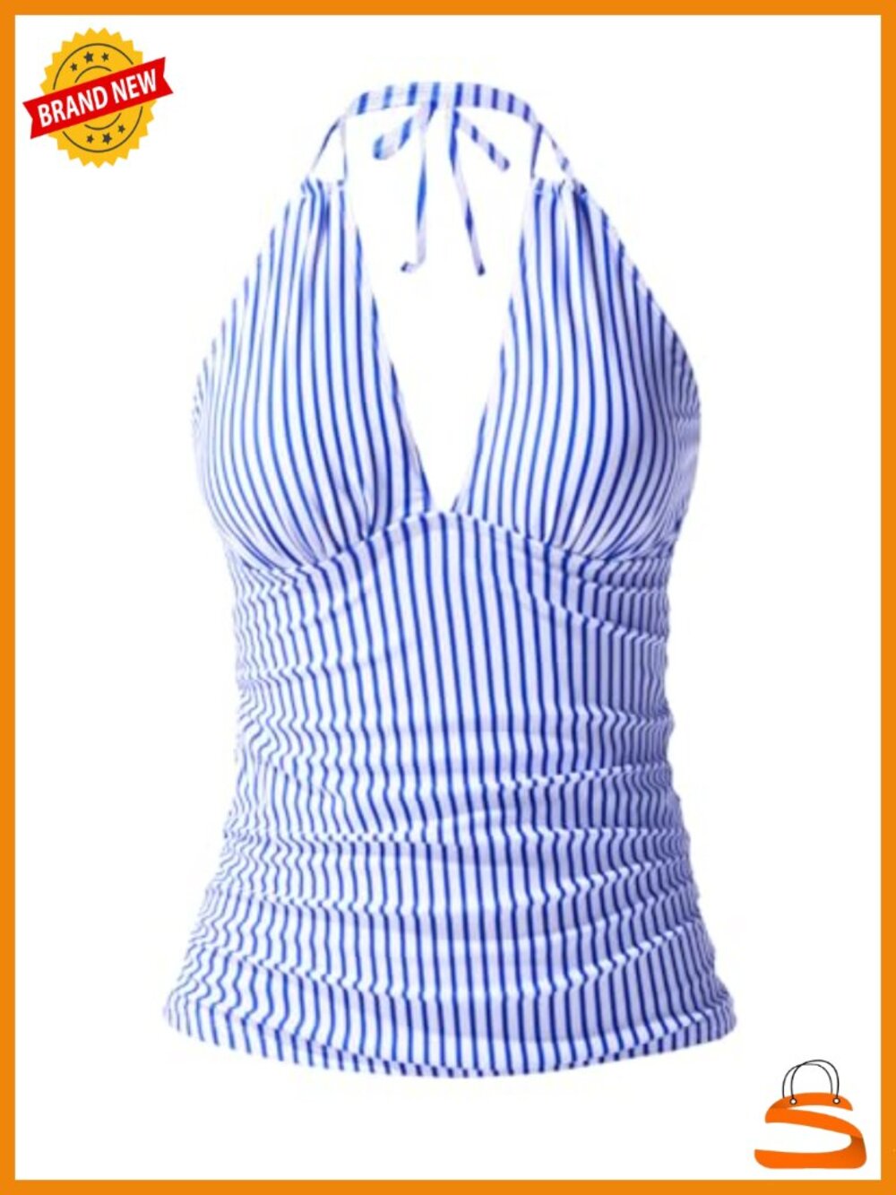 Halter V Neck Tankini Top Ruched Tummy Control Swim Top